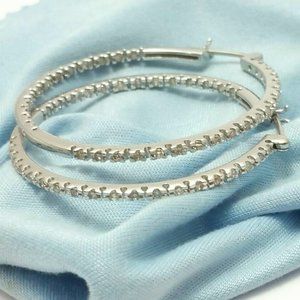Gorgeous 14K Solid Karat White Gold Round Hoop Earrings With Diamonds - Nice!